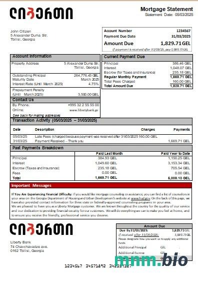 Gruzja Bank Liberty wyciąg z kredytu hipotecznego szablon Word i PDF
